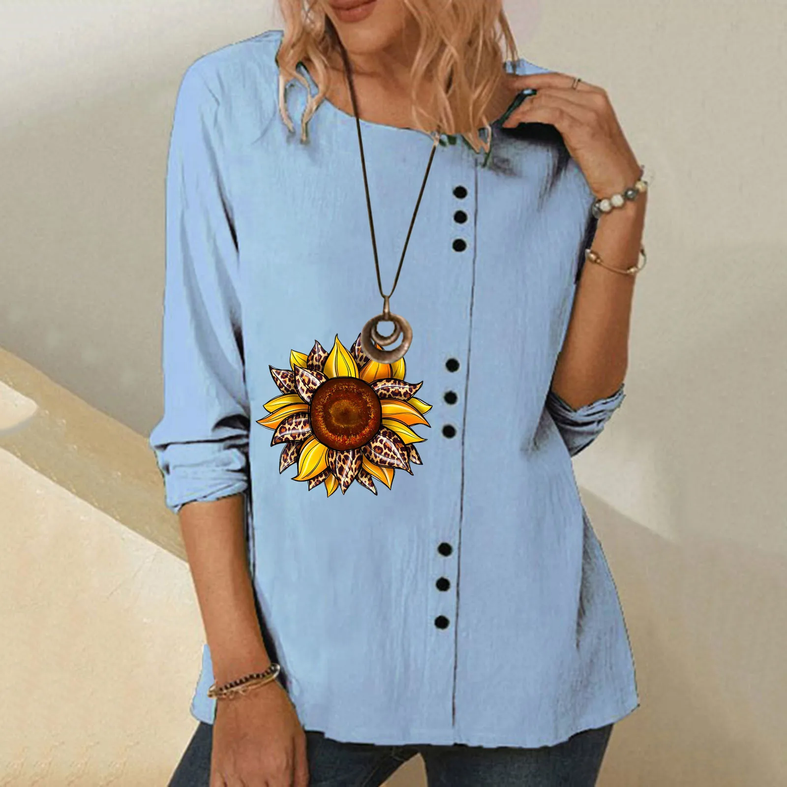 

Vintage Cotton Linen Shirt Women Sunflower Print Round Neck Long Sleeve Shirts Spring Summer Female Breathable Pullover Tops