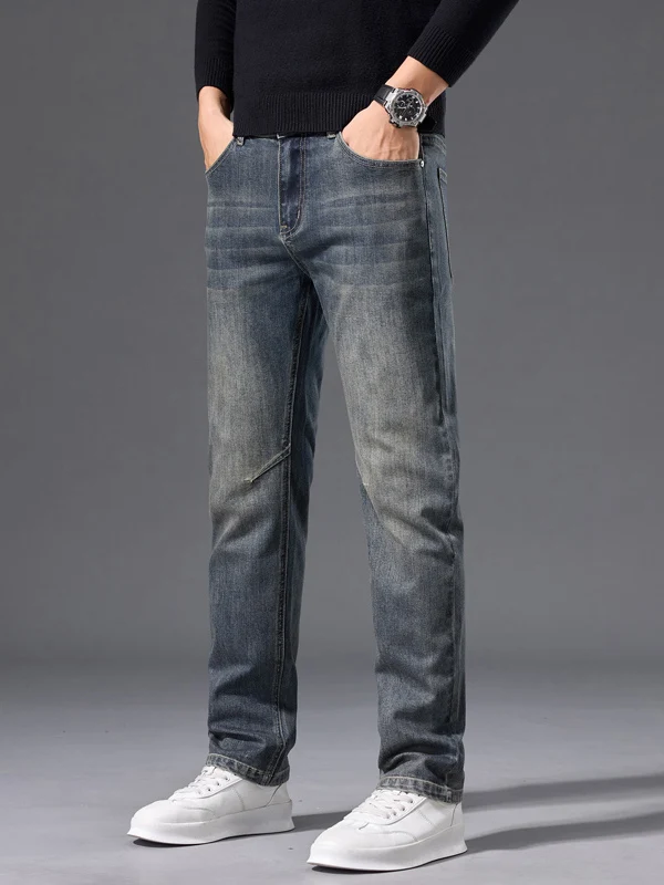 

Retro Comfortable Elastic Loose Straight Leg Jeans Men's Skin-friendly Business Casual Mid-waist Denim Jeans for Middle-aged