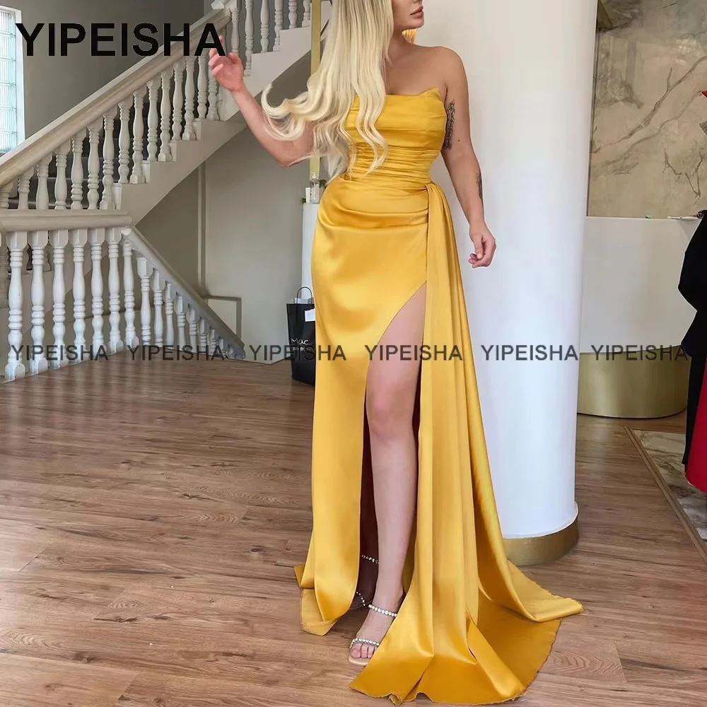 

Customized Simple Strapless Sleeveless High Split Prom Dresses Satin Long Evening Gown Golden Party Dress Mermaid