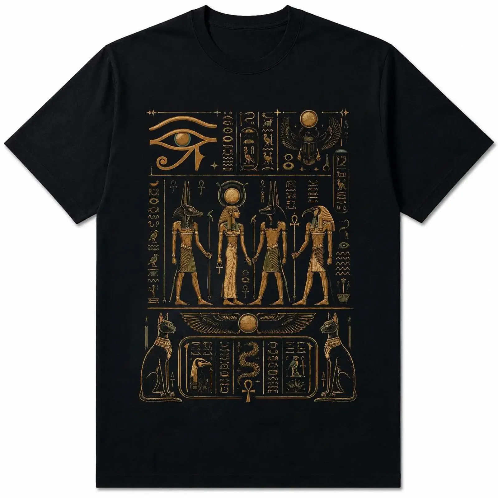 Ancient EgypT T Shirt Egyptian Mythology Gold Hieroglyphic Art Mystic History  vintage Washed Comfortable Stretched streetwear