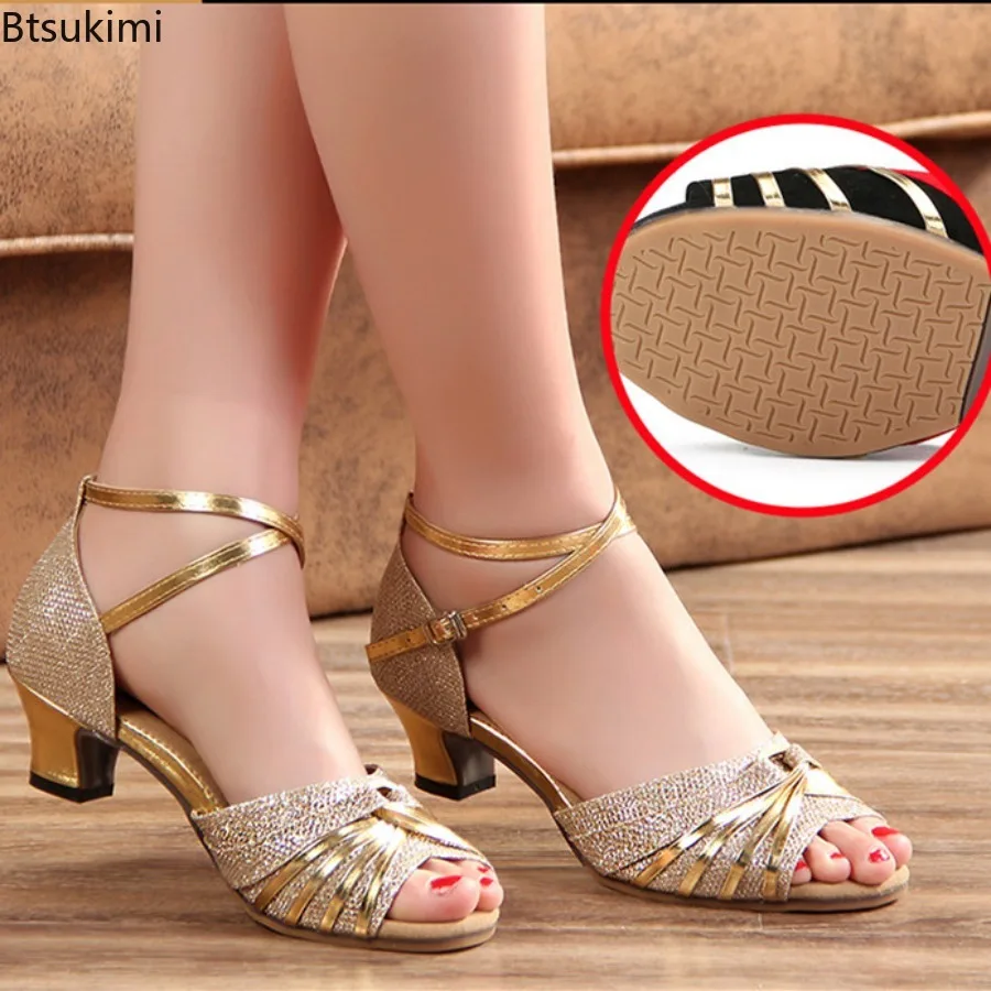 Women's Modern Dance Shoes Ladies Sequin Glitter Open Toe Tango Shoes Ankle Strap Standard Waltz Ballroom Dancing Shoe 3.5/5.5cm