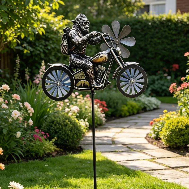 C7AC Unique Biker Wind Spinner Metal Garden Ornament for Patios Lawn Landscape