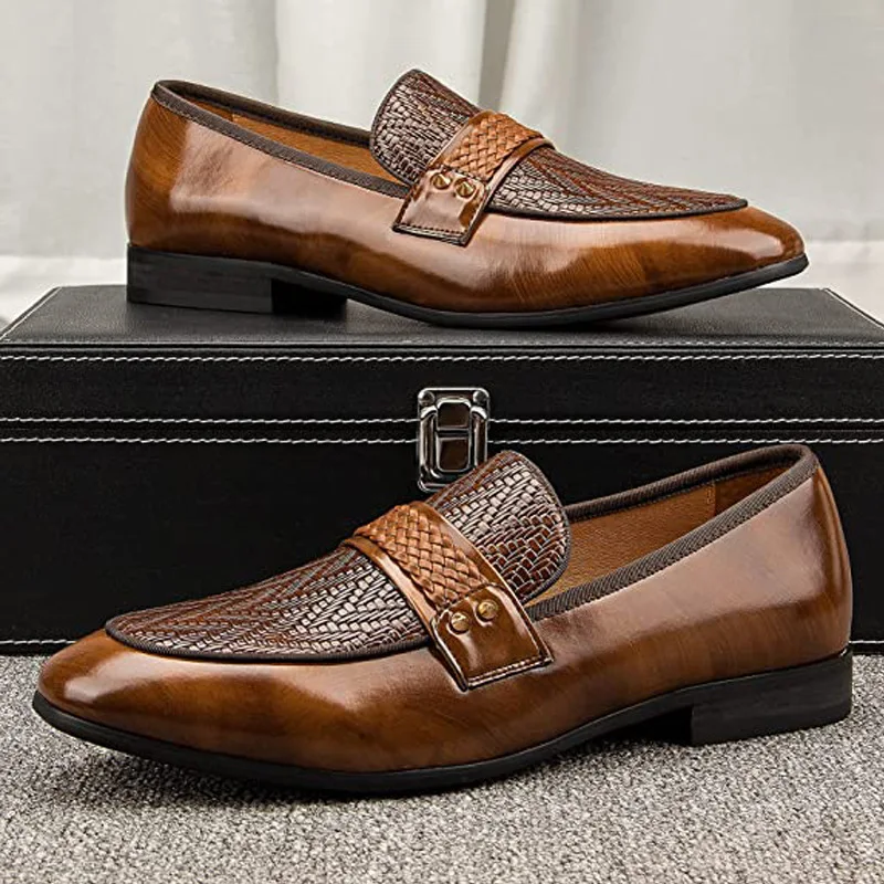 Genuine Leather Men's Loafers Pointed Snake Pattern Slip-on Monk Shoes Wedding Party Casual Formal Men's Dress Shoes