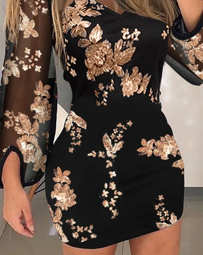 Eleganti abiti da sera da sera da donna con motivo floreale a contrasto con paillettes abito da festa in rete trasparente 2023 autunno primavera nuova moda Casual