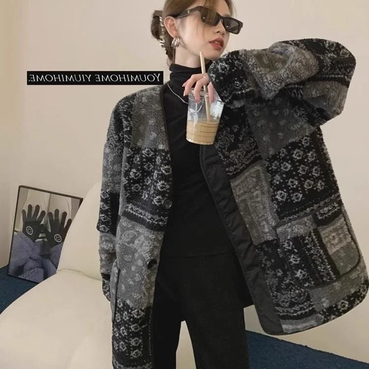 

plus Size 300 Pou Korean Sle Vintage V-Ne Women's Autumn Winter Thi Warm Loose Lamb Velvet Jaet