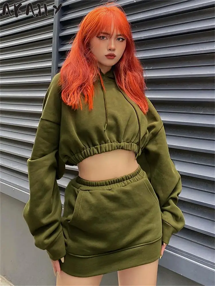 

Akaily Fall ArmyGreen Bodycon Crop Hoodies Skirt Set Casual Street For Women 2023 Long Sleeve Fashion 2 Two Piece Skirt Set