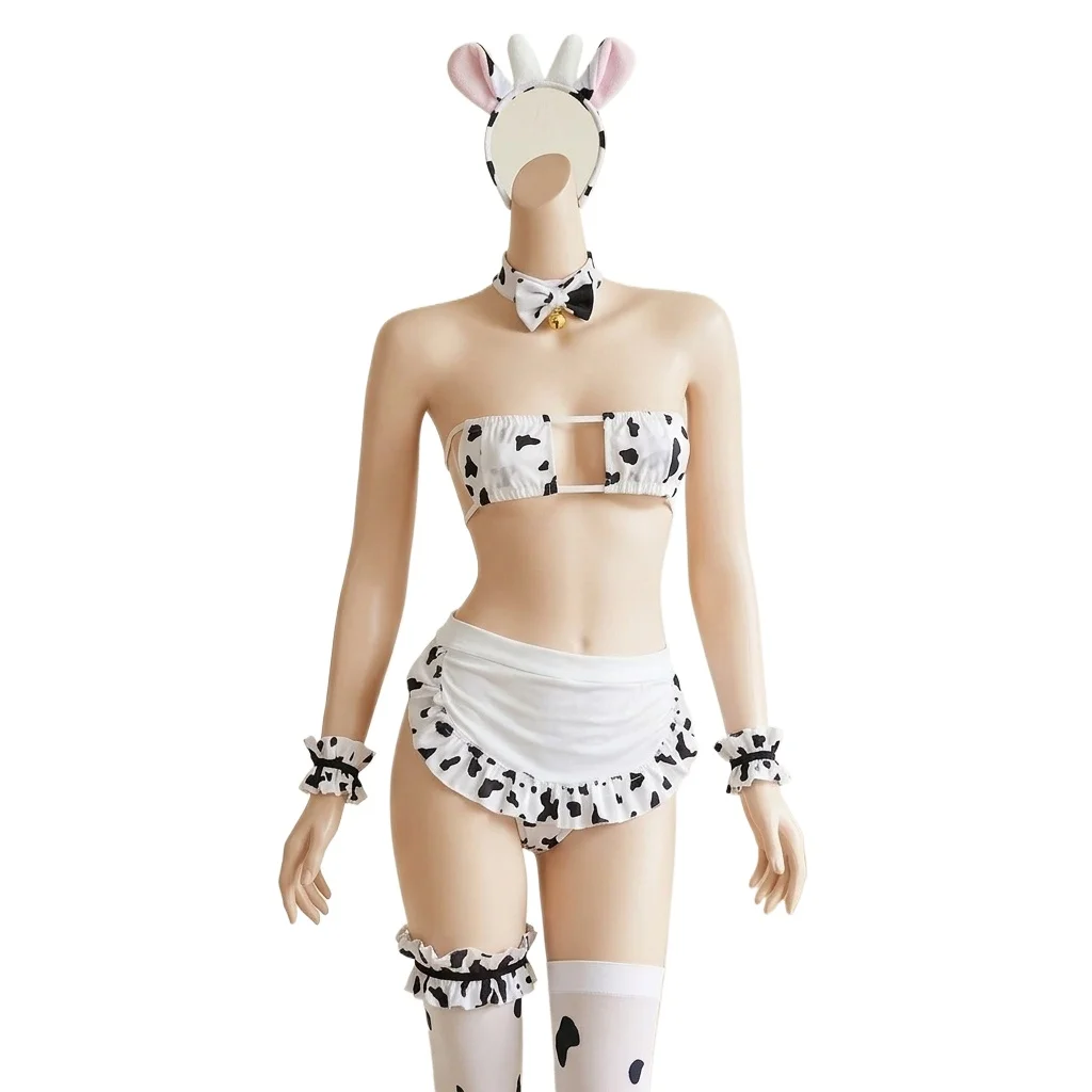Cow Print Maid Lingerie Set for Women Cute Ruffled Anime Cosplay Costume with Headband and Bell Collar for Role Play Nightwear