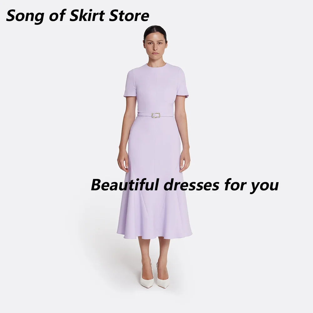 Lilac Women's Evening Dresses Customized O-Neck Tea Length Mermaid Party Gown Short Sleeves Wedding Guest Dress Short