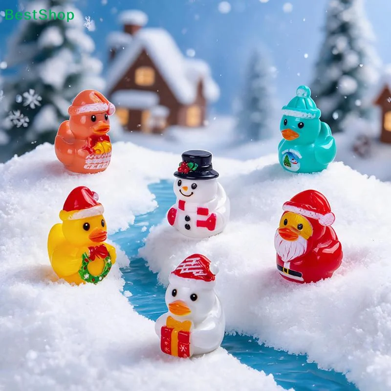 6Pcs Christmas Mini Duck Resin Figurine Cute Micro Landscape Ornament Small Statue For Desktop Decor Xmas Party Gifts