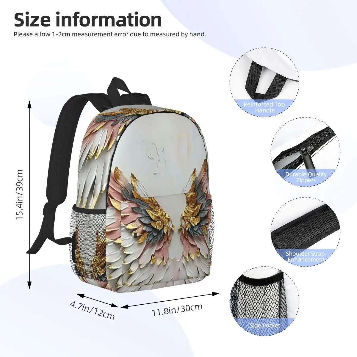 Golden Angel Wings Wall Graffiti Backpack Daypack Large Capacity Boys Girls BookBag Shoulder Bags for Men Women Kids School Bag