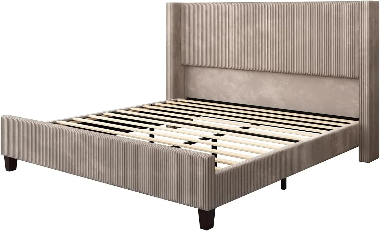 Queen Size Upholstered Bed Frame with Headboard, Wingback Platform Bed with Solid Wood Legs