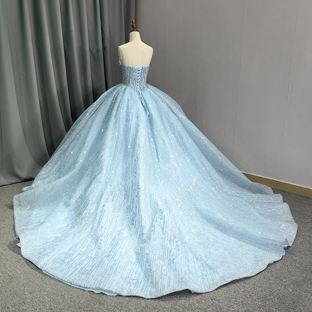 Sky Blue Evening Dress Sweetheart Collar Sexy Backless Sequined Prom Dress With Trailing Tail 6631