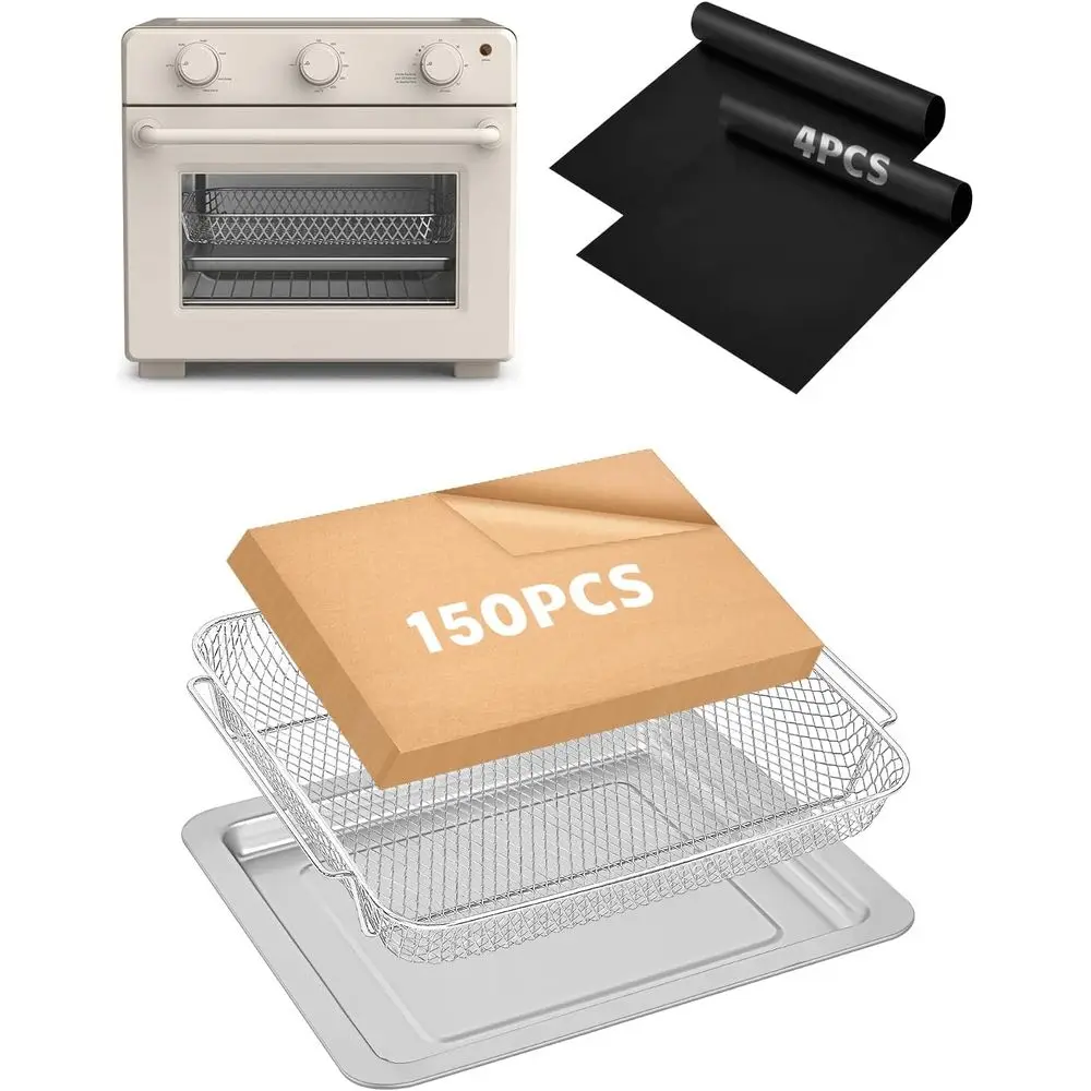 

Toaster Oven Accessories, Baking Pans Set with Stainless Steel Basket, 150 Pcs Parchment Paper Disposable Liner and 4 Mats