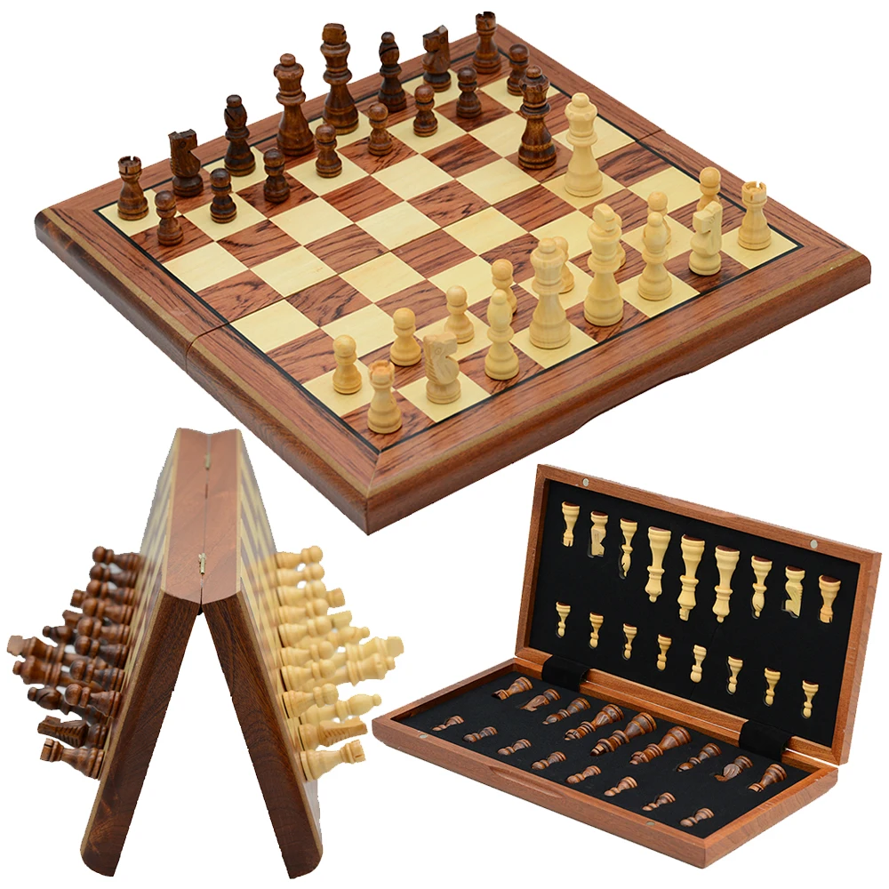 

New 39CM International Chess Magnetic Folding Checkerboard Solid Wood Set Fun Table Board Game with Double Queen Gift