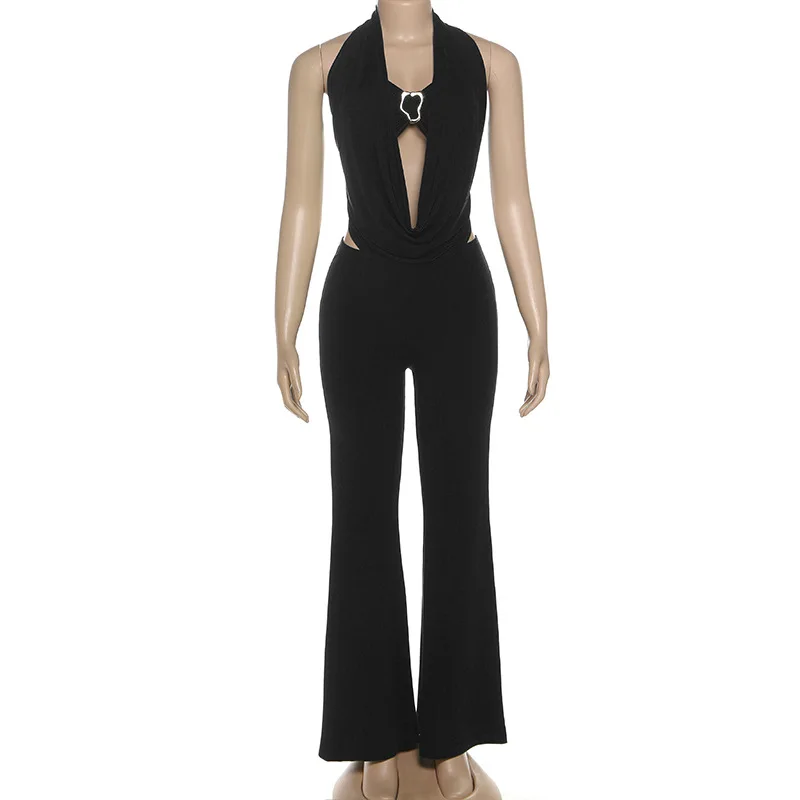 FAGADOER Sexy Two Piece Outfits Woman Halter Sleeveless Backless Crop Top and Pants Siut Matching Female Streetwear Clothing New