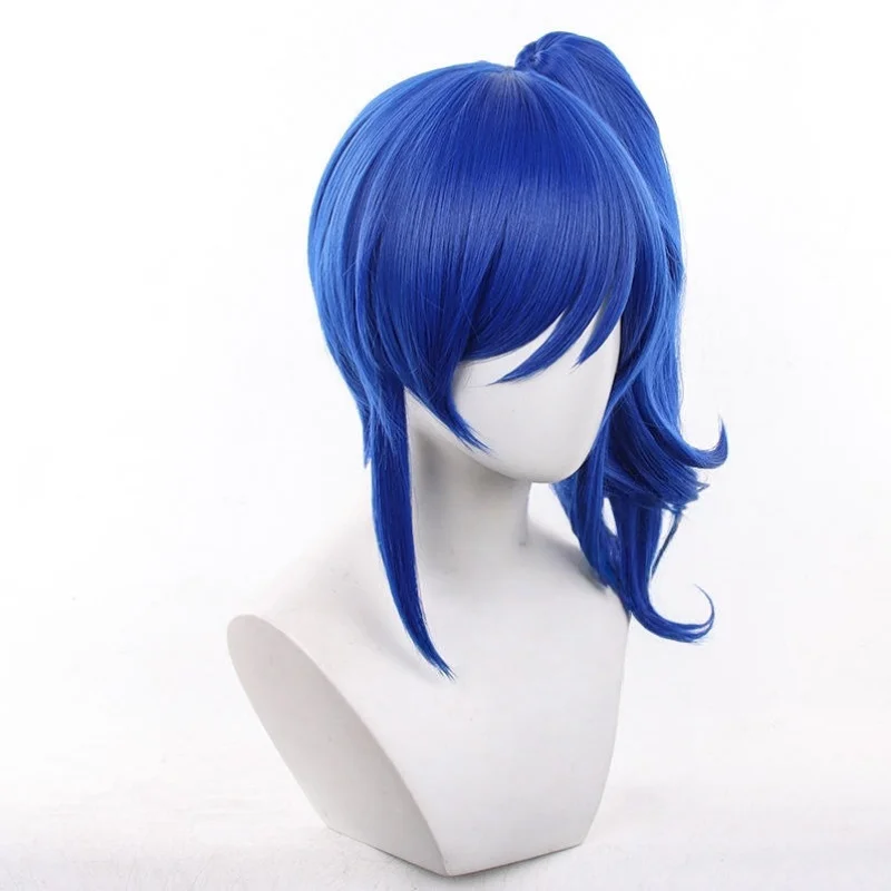 Kiriya Aoi Cosplay Wig Blue Short Ponytail Pigtail Curly Synthetic Hair Heat Resistant Halloween Role Party Carnival + Wig Cap