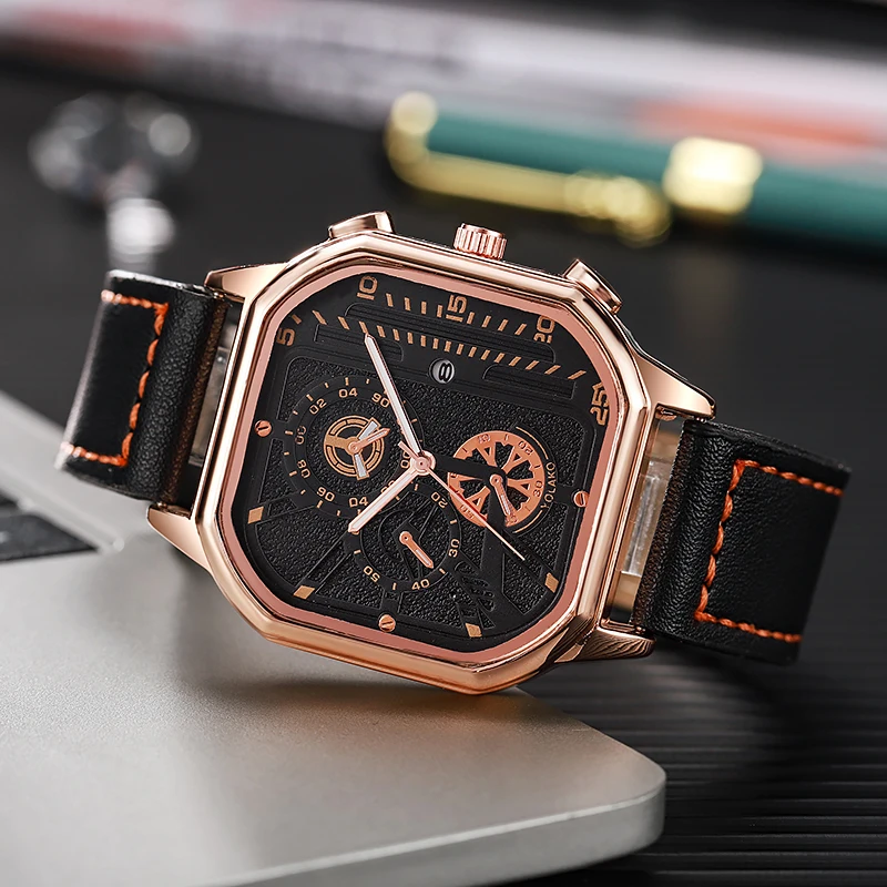 Fashion Leather Strap Men Quartz Watch Casual Square Boyfriend Gift Watch Men's Wristwatch