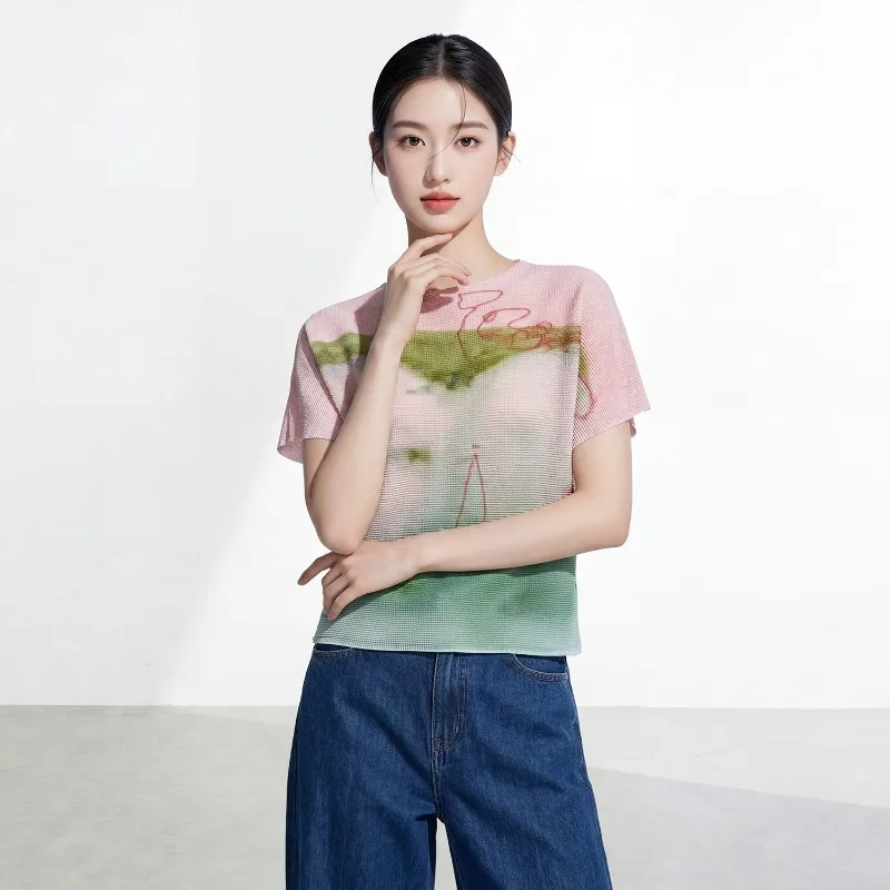 Miyake Pleated Short Sleeve T-Shirt Women's Top 2026 New Spring Summer Print Loose Fashion Pleated Elegant Comfortable Casual