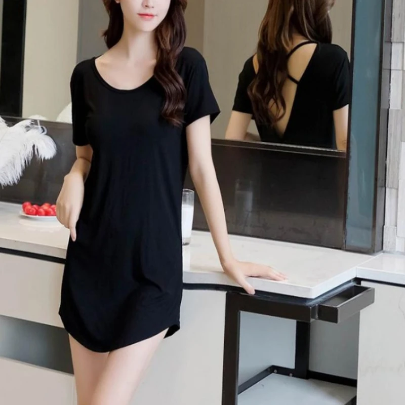 ثوب نوم نسائي بأكمام قصيرة ، بيجامة نسائية مثيرة ، أحادي اللون ، أسود ، فضفاض ، حجم كبير ، الصيف والخريف