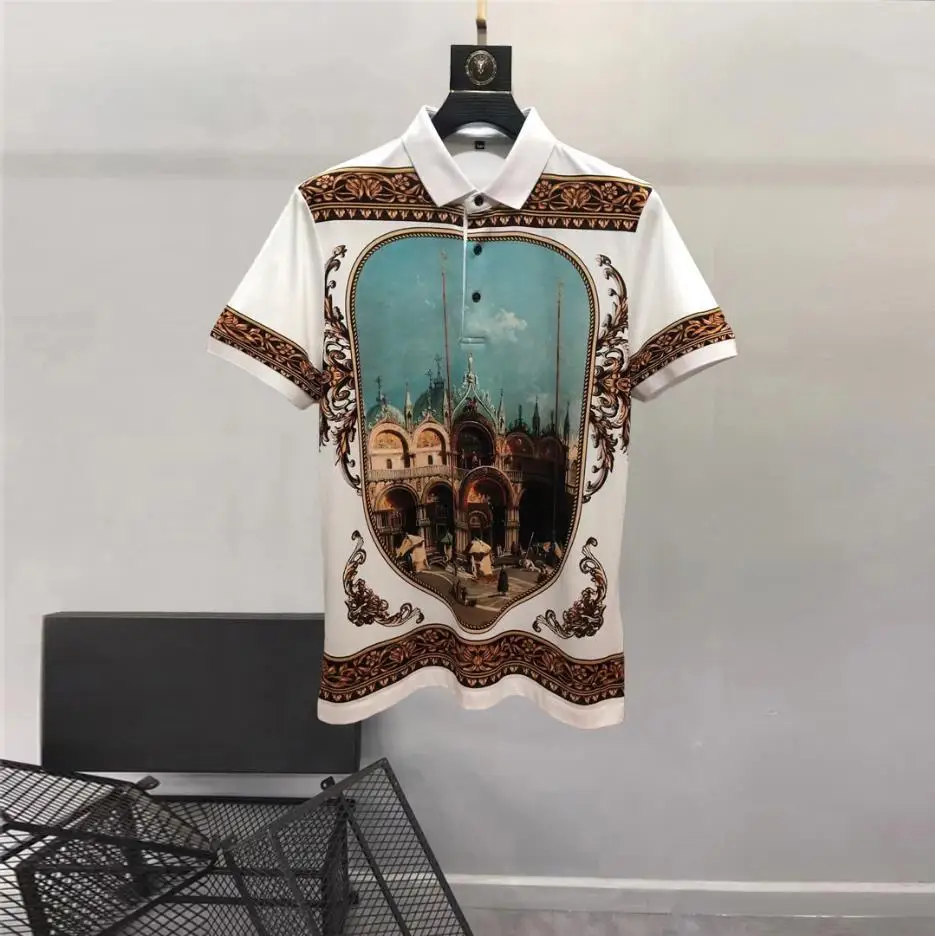 

European and American men's 2023 summer new Lapel short sleeves fashion Palace Architecture print T-shirt