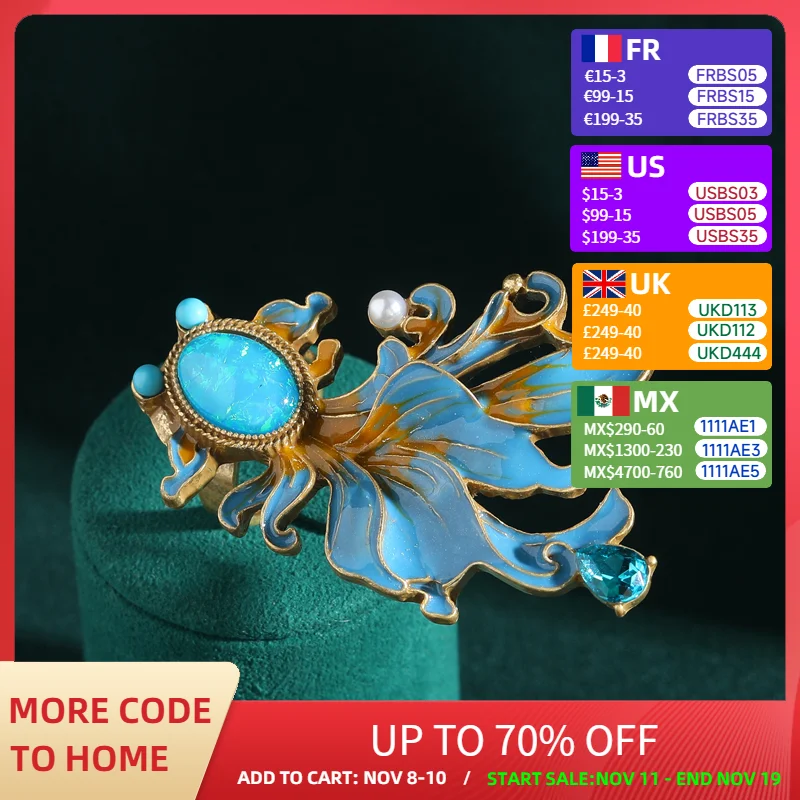 

Vintage Blue Opal Goldfish Rings 18K Gold-Plated Luxury Stone Animal Antique Jewelry Accessories Party Engagement for Women New