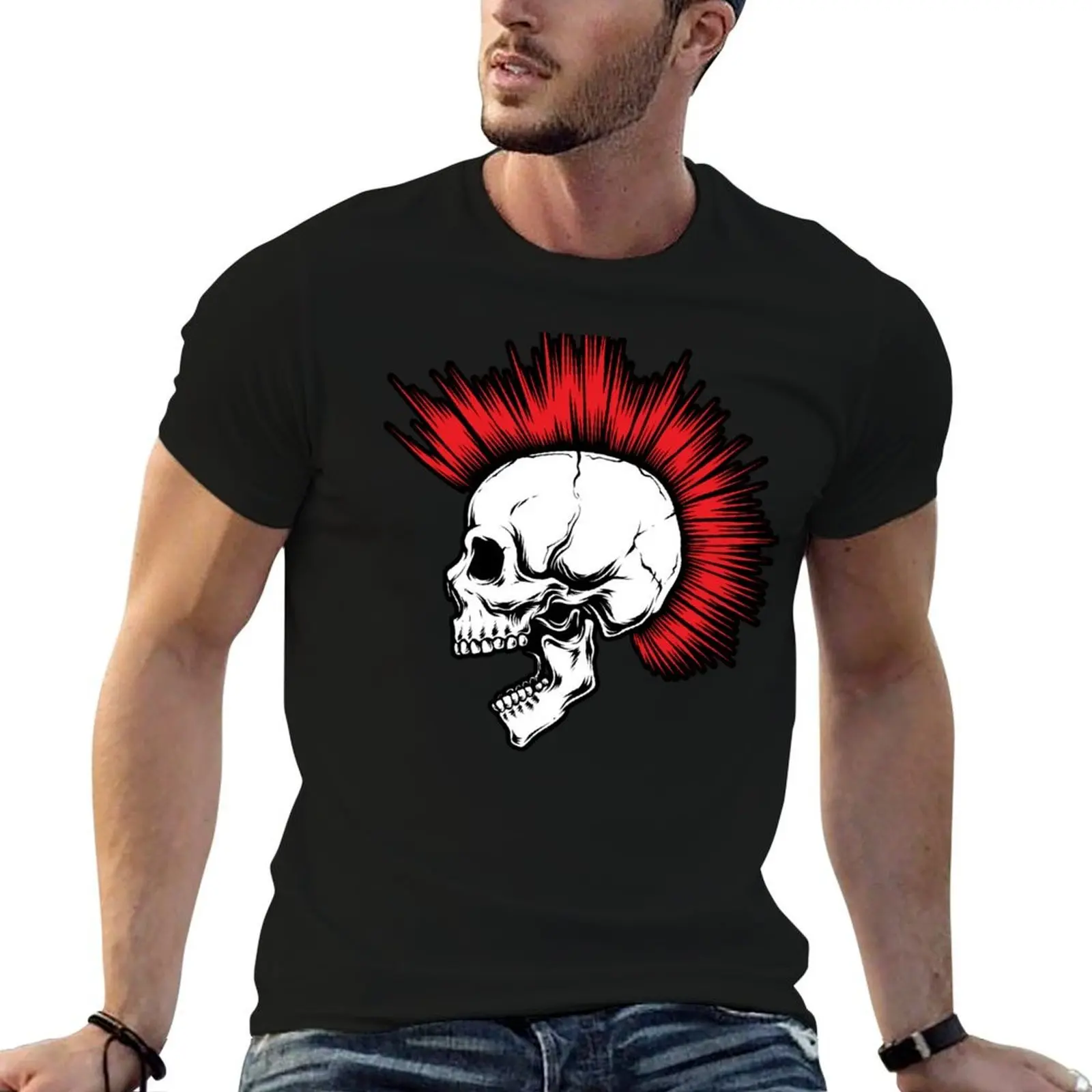 Punk Skull with Red Mohawk T-Shirt funny t shirts man printed t shirts for man cotton t shirts high quality T-shirt