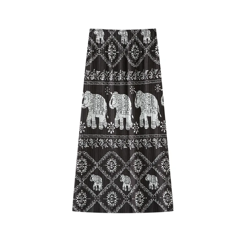 Miyake plooirok voor dames, lente en zomer retro 2025, nieuwe stijl, elastische taillezak bedrukte losse rechte buisrok