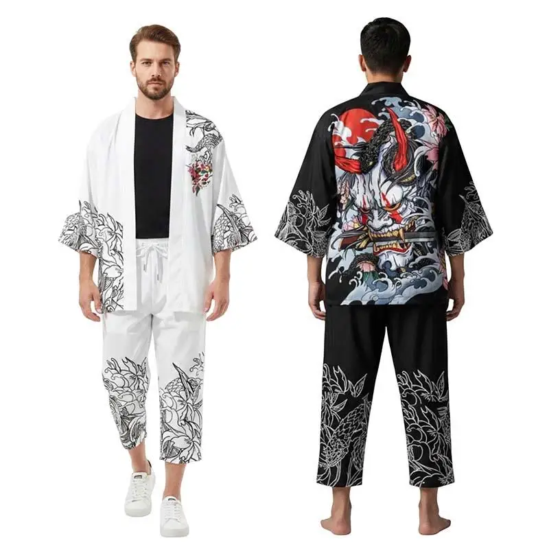 Men's Japanese Kimono Cardigan Pants Set 2 Piece Outfits Demon Print Summer Casual Loose Haori Yukata Trousers Streetwear