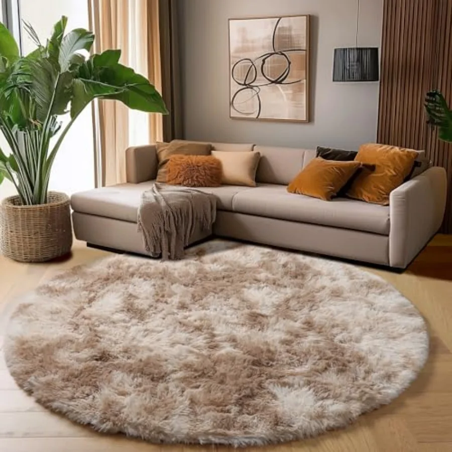 TieDyed Beige Tan Round Area Rug 4Ft for Bedroom Fluffy Plush Shag Furry Circle Rugs for Room Living Room Decor Aesthetic Cute
