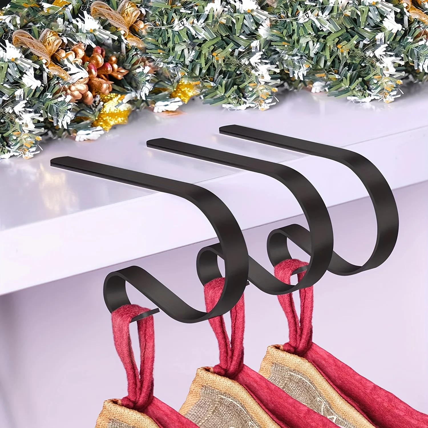 4PCS Heavy-Duty Cast Iron Stocking Holders, Curved S-Hook Christmas/Holiday Stocking Hangers with Sturdy Clips
