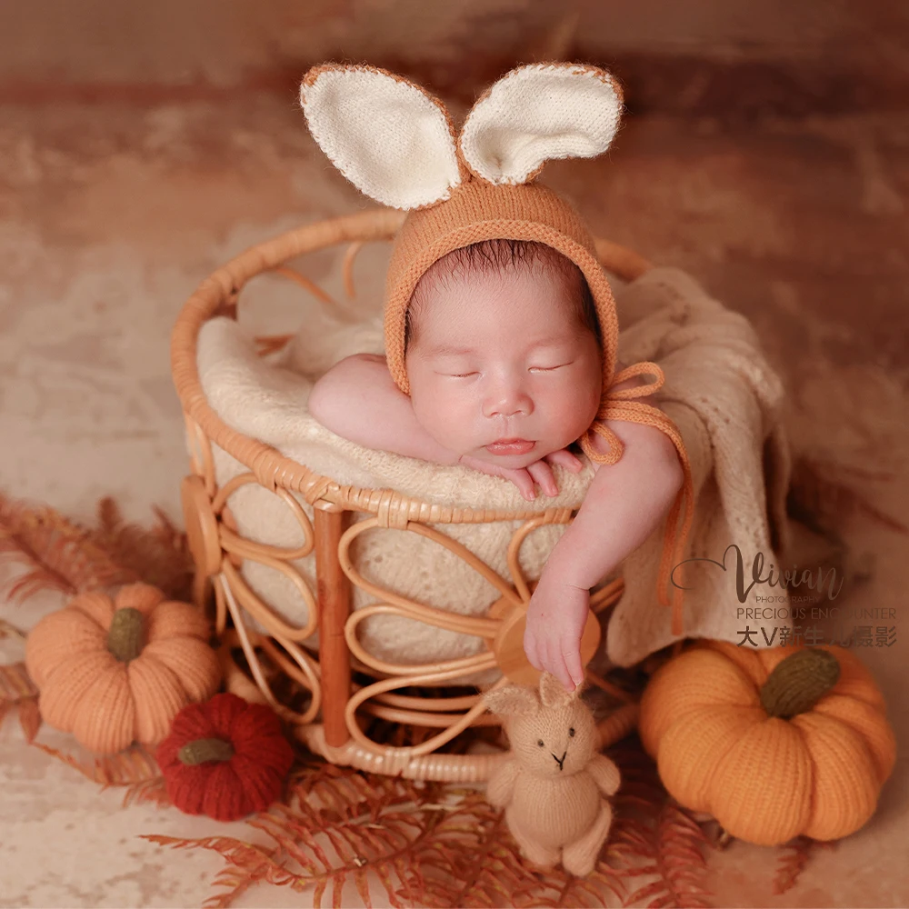 Newborn Photography Props Cozy Autumn Theme Set-Baby Animal Ears Hat Knitted Blanket Pumpkin Decor for Studio Baby Fall Shooting