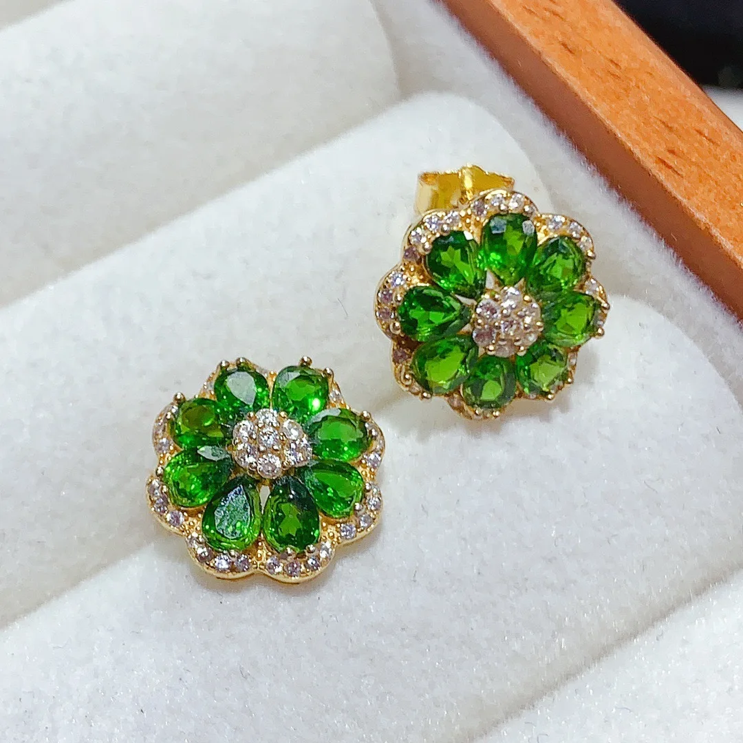 S925 Sterling Silver Natural Diopside Stud Earrings, Water‑drop Flower Shape Earrings Elegant Fine Jewelry Gift for Women