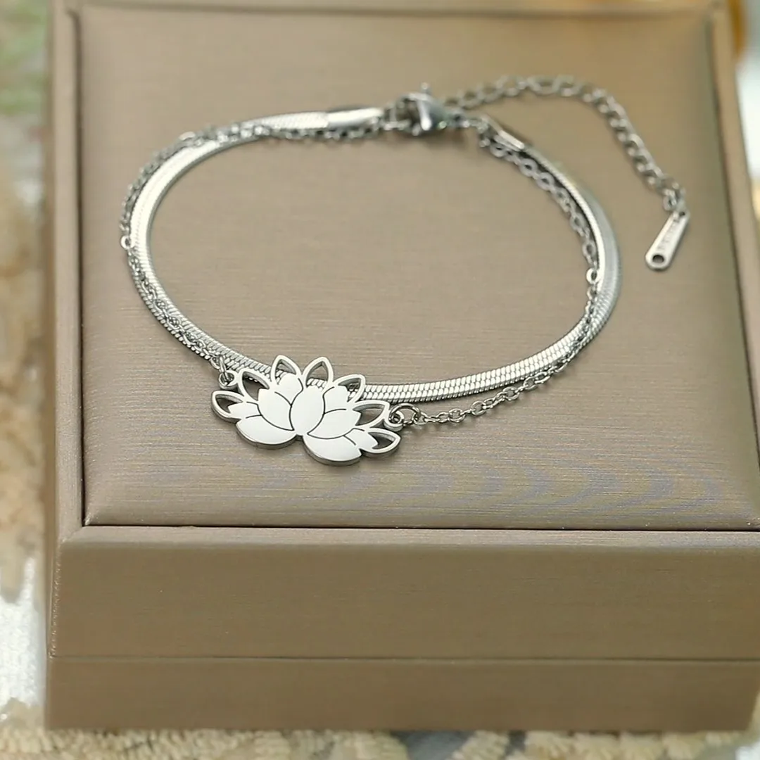 Skyrim Lotusblume Charm Armband Edelstahl Damen Doppelschicht Schlangenkette Armbänder Yoga Buddhismus Amulett Schmuck Geschenk