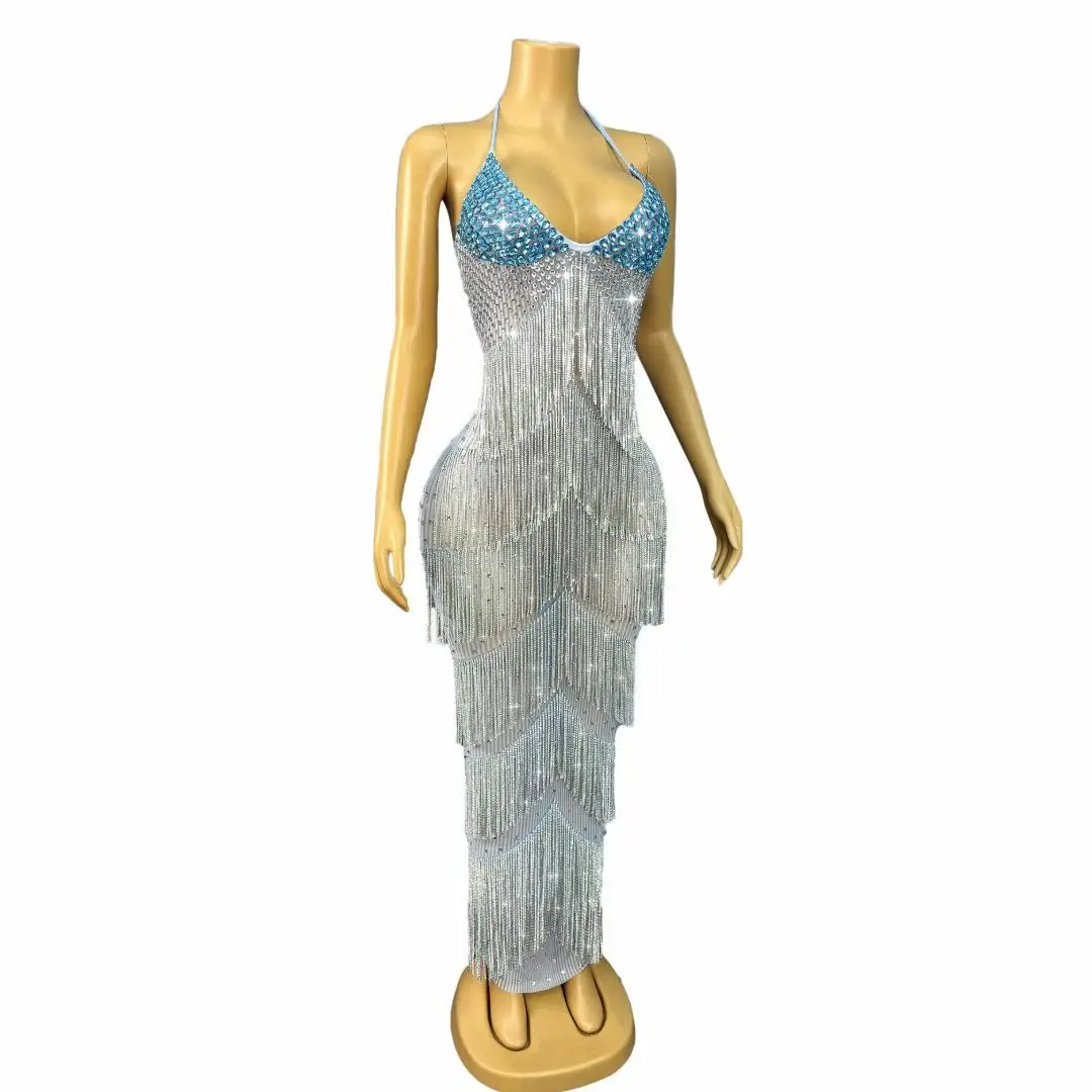 Liusuxing Women Hanging Neck Dress Singer Dancer Performance Costume Sexy Backless Tassel Nightclub Set Cocktail Party Dress