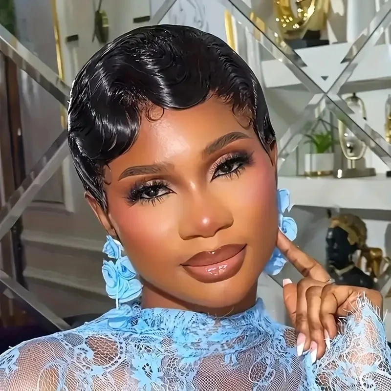 شعر مستعار مموج عميق على شكل إصبع، مصنوع آليًا بالكامل، شعر بشري قصير بقص عابث للنساء