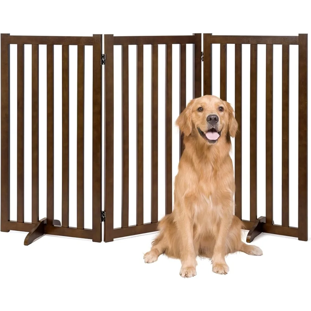 

36 inch high independent pet door, solid wood folding safety fence, wooden dog door with 2 supporting feet, walnut wood