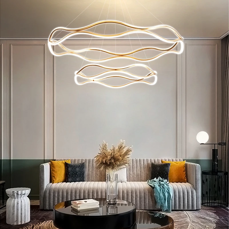 Postmodern Minimalist Golden Metal Wave Ring Pendant Lamp Living Room Bedroom Decoration LED Warm White Dimming Lighting Fixture