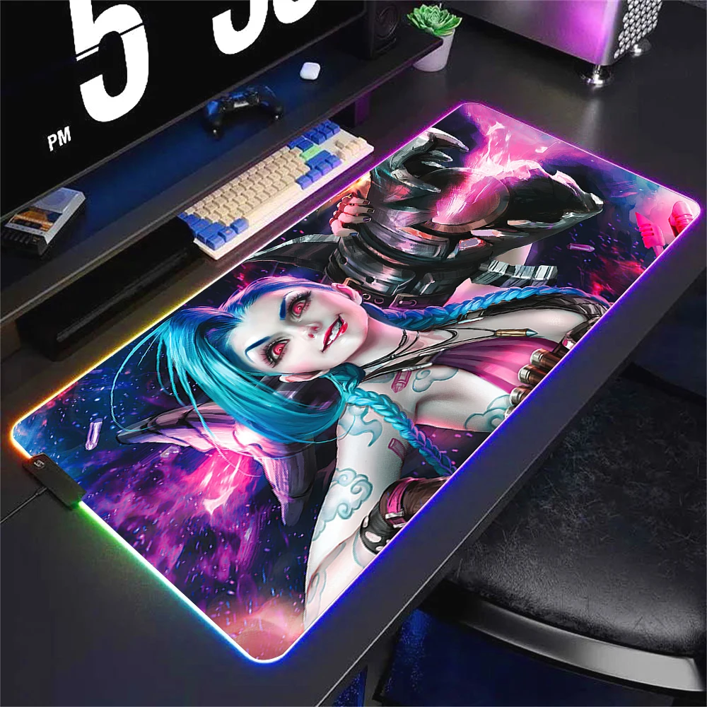 LeagueS of Legends Jinx Mouse Pad Xxl Laptop Mat Gaming Rgb Anime Arcane Mousepad Backlit Gamer Girl Cartoon Table Pads Deskpad