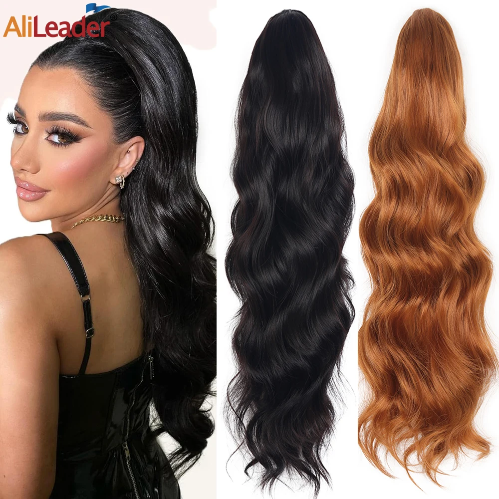 24 Inch Curly Ponytail Extensions Synthetic Long Wavy Drawstring Ponytail With Two Clip In Thick Ponytail Hair Black Hairpiece