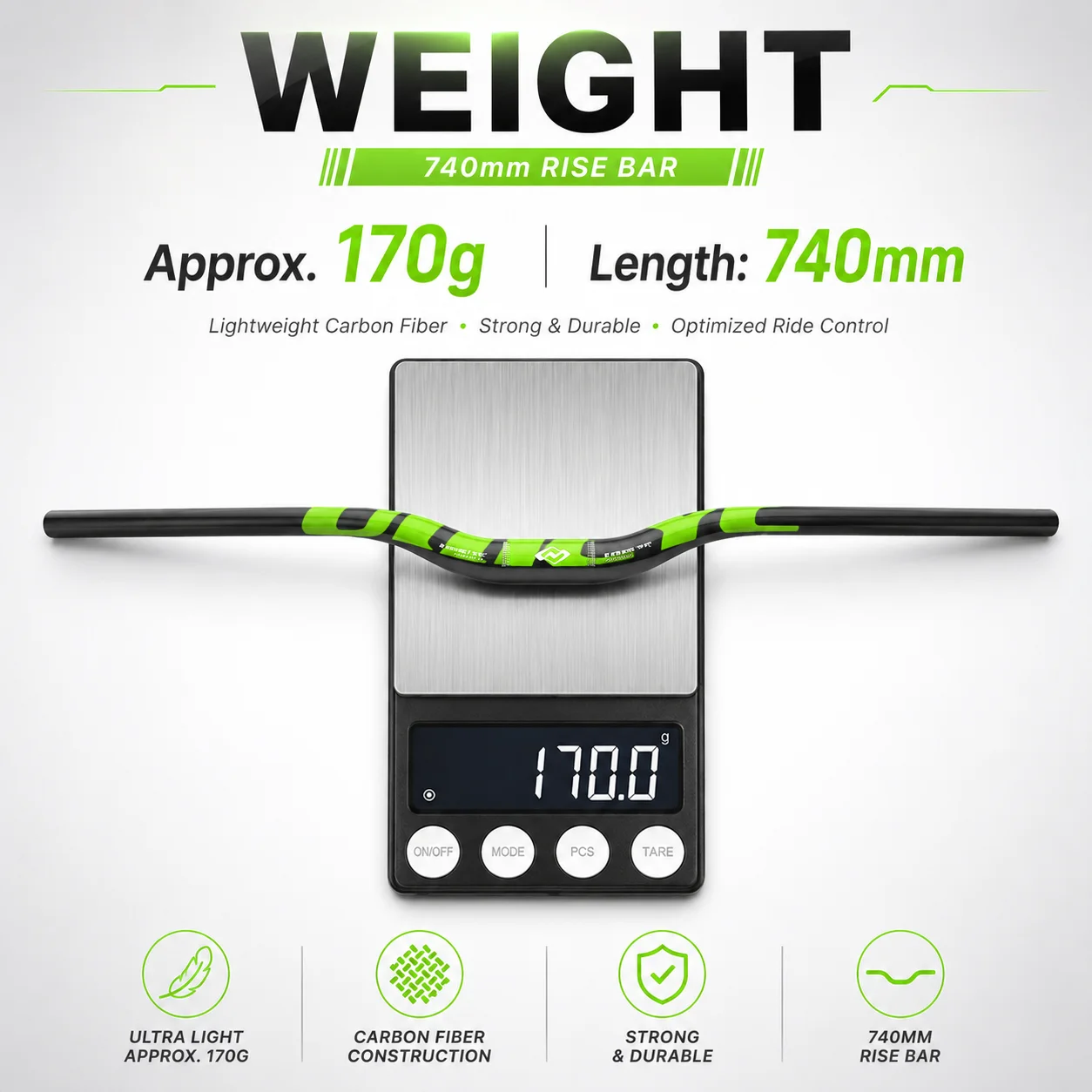 Ullicyc Full Carbon MTB Handlebar 3K Gloss Green 580-740mm Flat/Rise Bicycle Bar, Lightweight Update for MTB & Electric Scooter