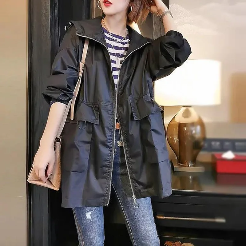 2023 New Spring and Autumn Fashion Trend Simple Commuting Loose Relaxed Solid Oversize Versatile Women's Hooded Windbreaker Coat