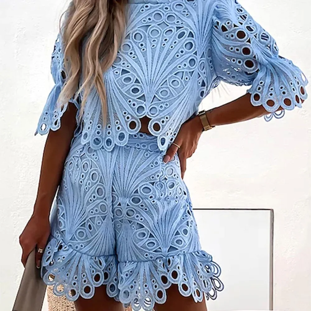 Women Two Pieces Sets Sexy Hollow Tracksuits Shirt With Mini Shorts Trend Clothing Outfits Summer Lace Puff Sleeve Shorts Suit