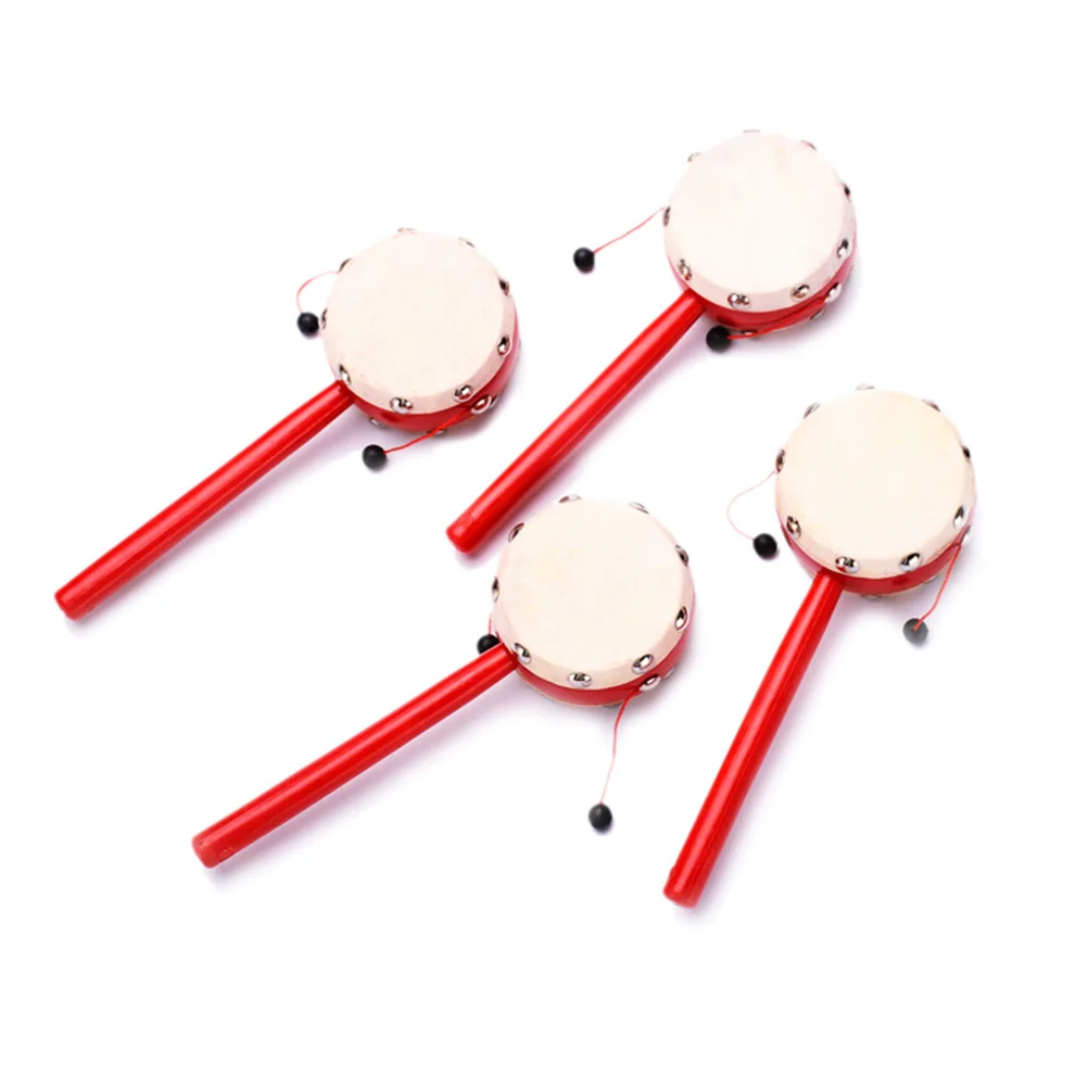 2Pcs Rattle Drum Wooden Red Handle Traditional Sheepskin Drumhead Stimulates Baby Listening Early Educational Musical Instrument
