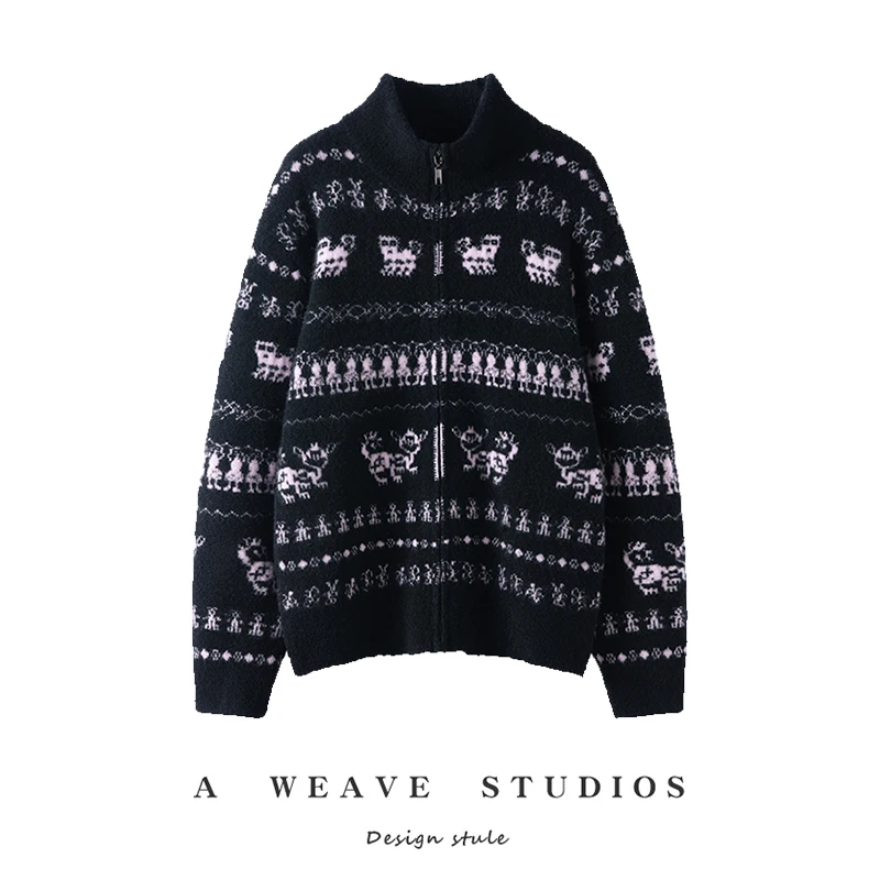 2026 autumn and winter new retro jacquard cashmere cardigan sweater women's zipper knitted black stand collar thick cashmere swe