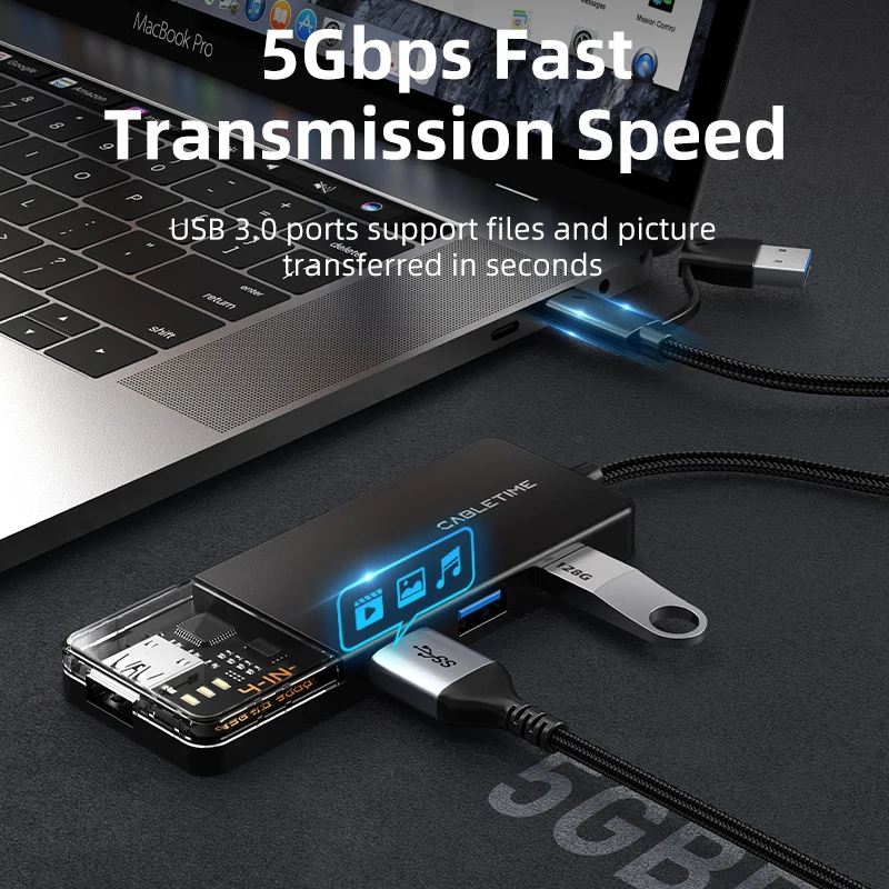 CABLETIME USB C Hub PD 100W 4K HDMI SD/TF USB A 3.0 5Gbps Adapter for MacBook iPad Pro/Air Laptop  USB C to USB A HUB