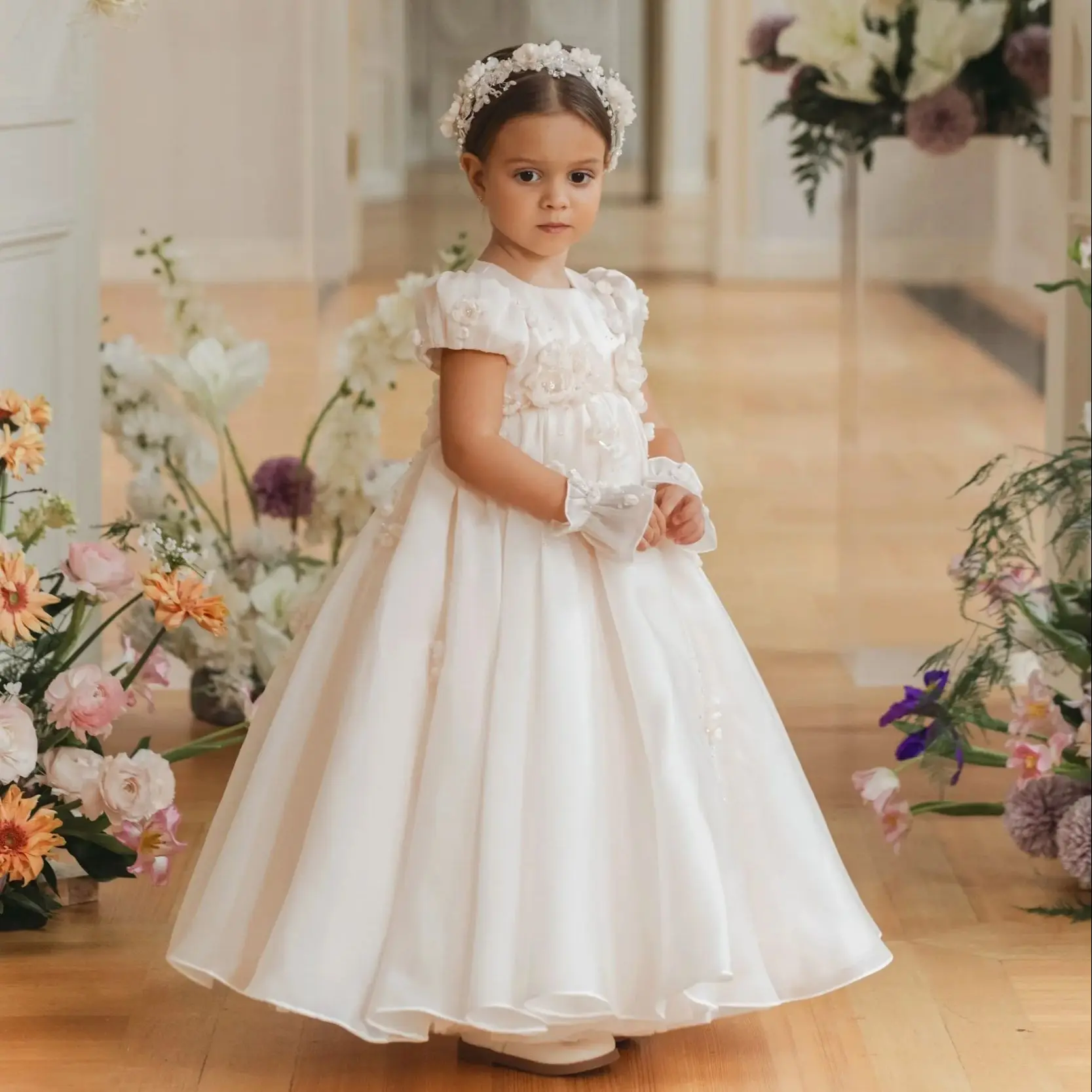 White Flower Girl Dresses for Wedding Customized Boho Floral Little Kids Birthday Party Dresses First Communion Dress