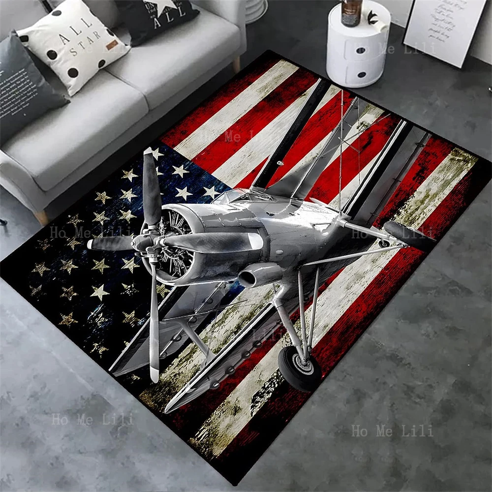 Vintage Picture Print Area Rug Aircraft Propeller Rug American Flag Mat For Home Decor Bedroom Living Room