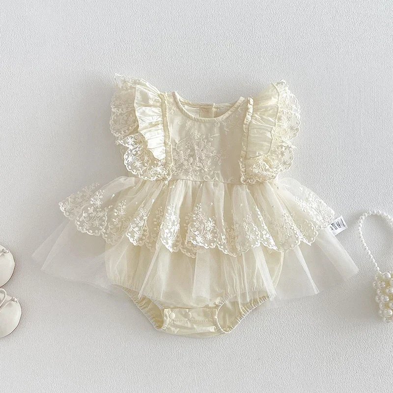 2026 New Summer Toddler Baby Girls Jumpsuit Sleeveless Cotton Lace Splicing Korean Style Climbing Suit 0-24M Baby Girl Clothing