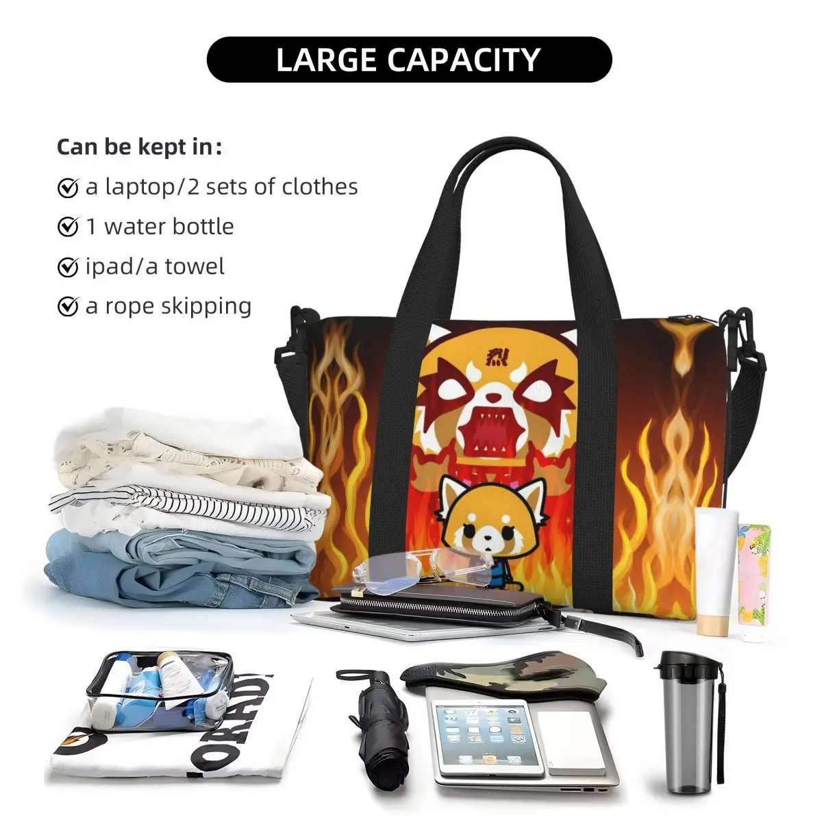 مخصص اليابان الكرتون Aggretsuko أنيمي حقيبة حمل على الشاطئ حقيبة المرأة مقصورة كبيرة شاطئ رياضة حقائب السفر