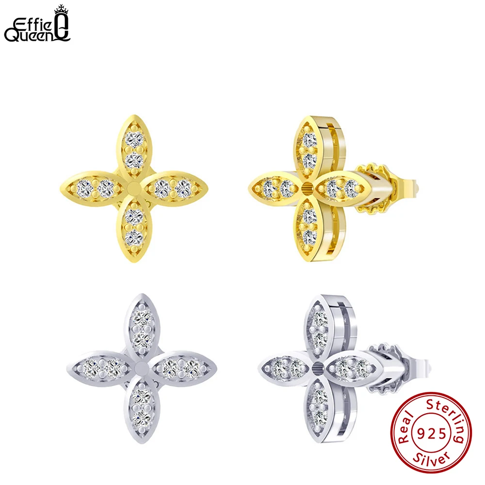 

Effie Queen S925 Silver 14k Gold Four Leaf Flower Stud Earrings Plus Zirconia Fine Jewelry for Women Banquet Party Gift APE122